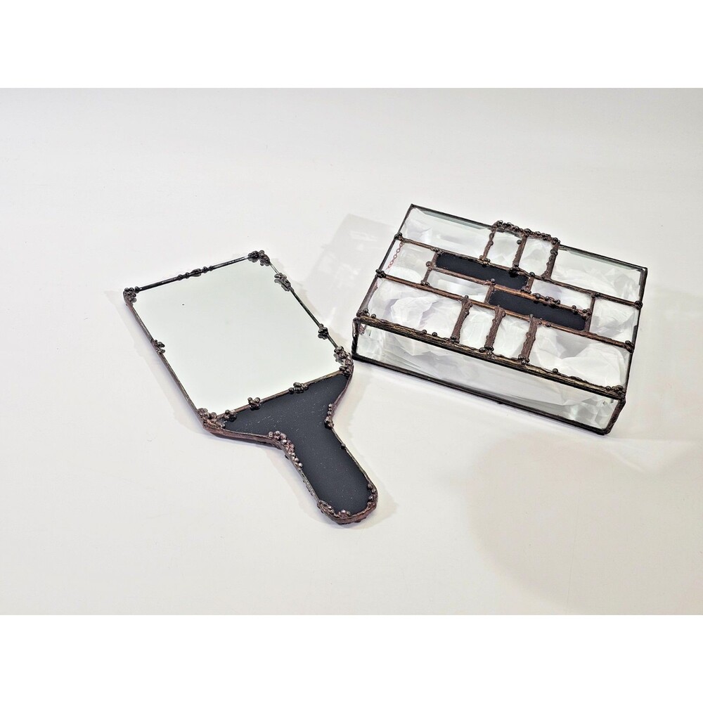 Antique Stained‎ Glass Handmade Mirror Trinket Jewelry Box Vanity Set Art Deco